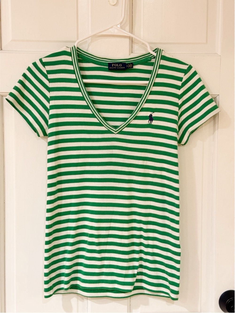 Ralph Lauren Pink & White Striped V-Neck Polo T-Shirt Small Petite